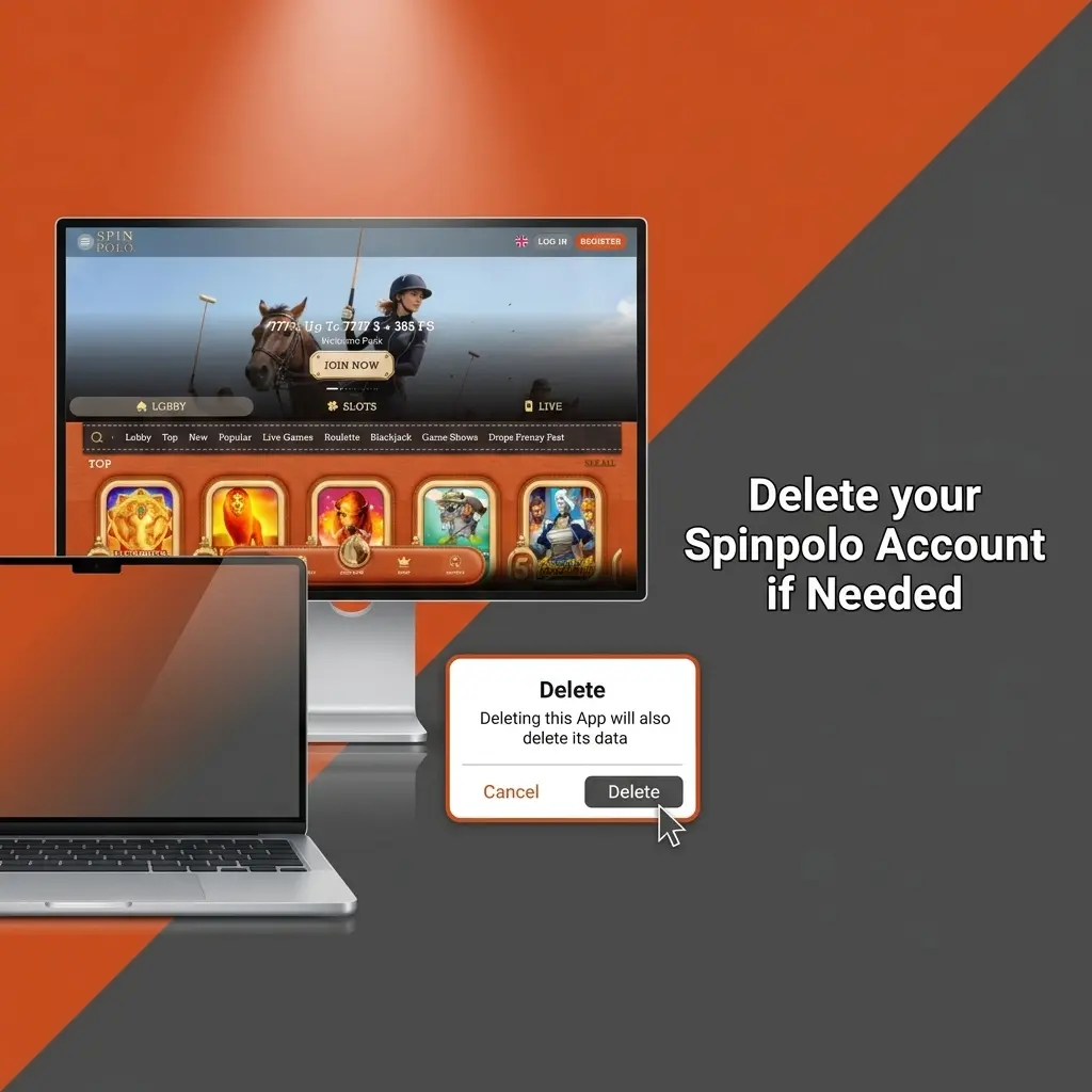 Spinpolo account deletion steps showing settings menu with close account option and support contact details