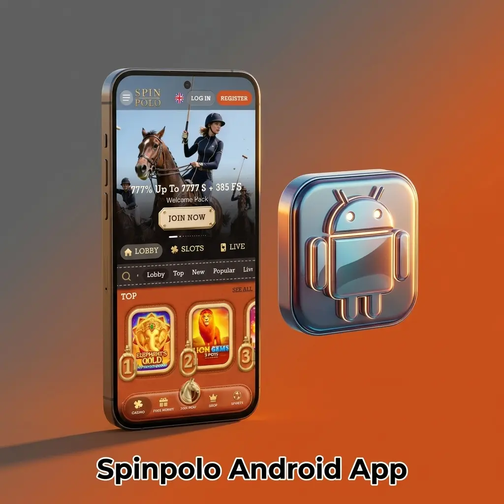 Spinpolo Android app interface showing mobile sports betting and casino games available for free download