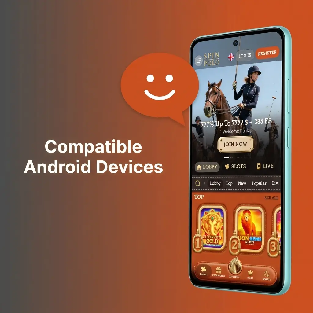 List of Android devices compatible with Spinpolo app including Samsung Galaxy, Google Pixel, OnePlus, Xiaomi, OPPO, Nokia and Motorola