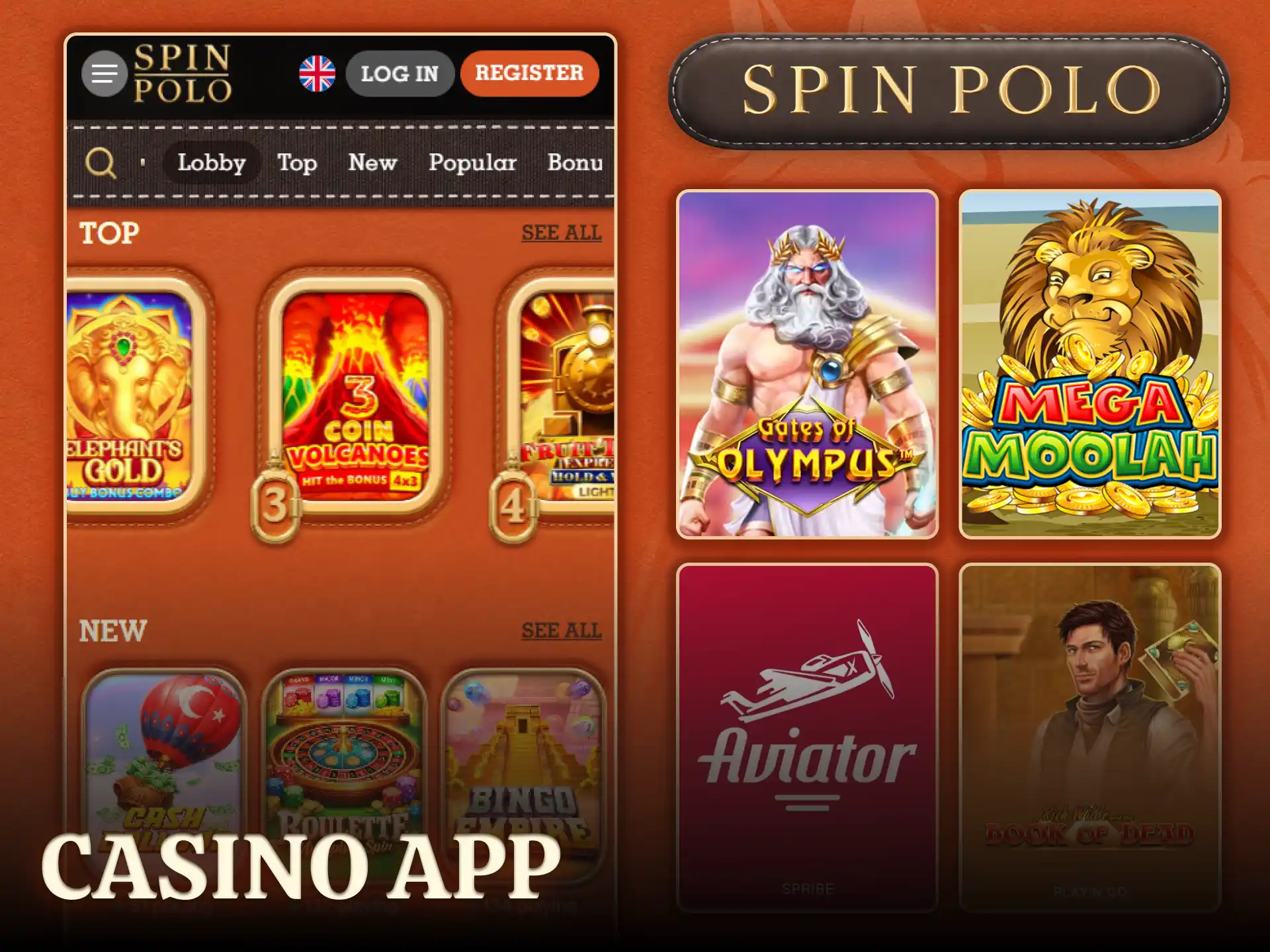 Play hundreds of top slots and table games inside the Spinpolo casino app.