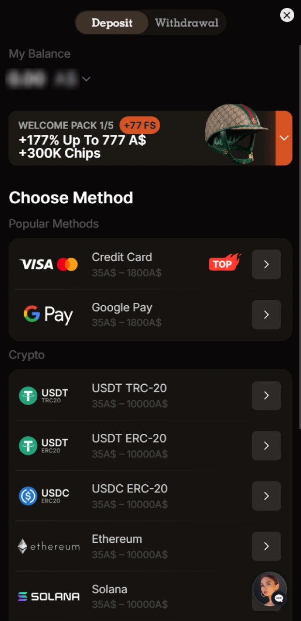 Choose from safe Spinpolo payment options during the deposit workflow.