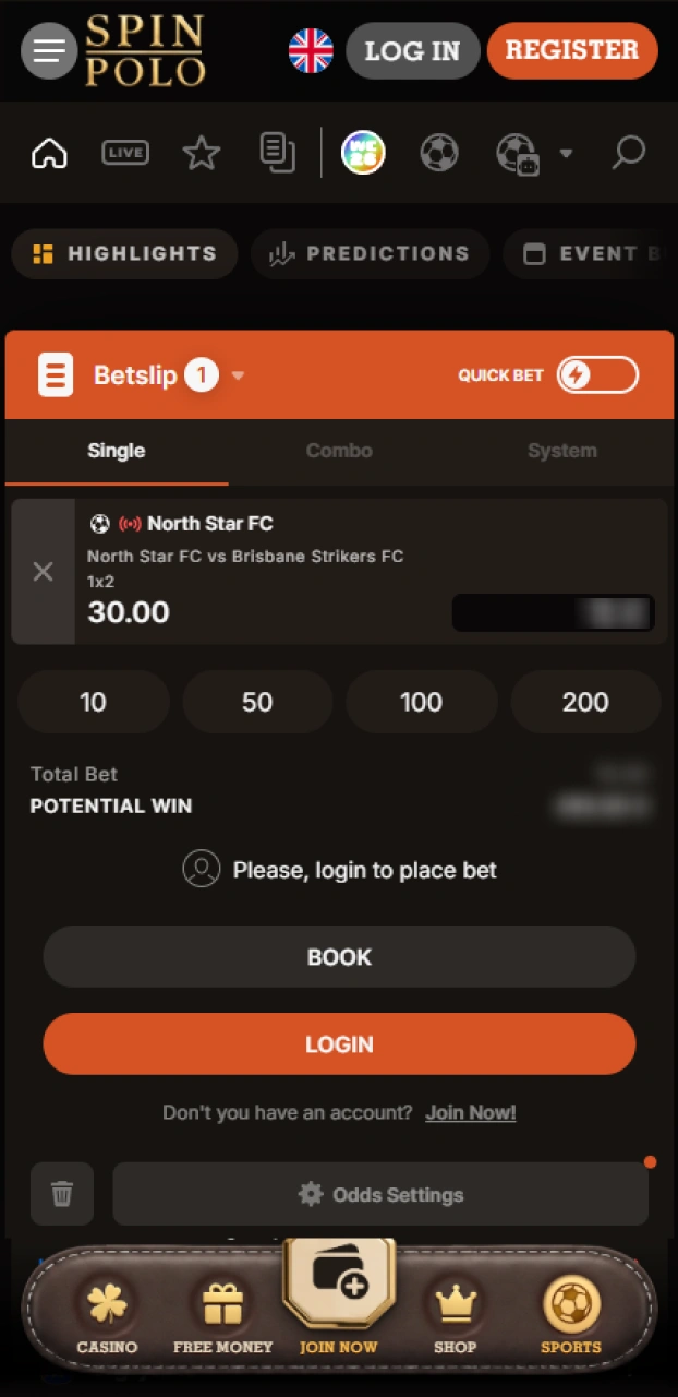 Confirm your wager details in the bet slip to complete your Spinpolo bet.