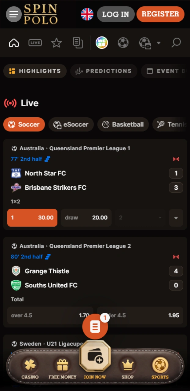 Explore the available bet types and select a promising sports market on Spinpolo.