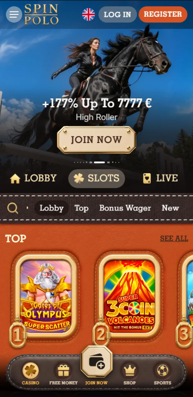 Browse the diverse online casino lobby filled with exciting games at Spinpolo.