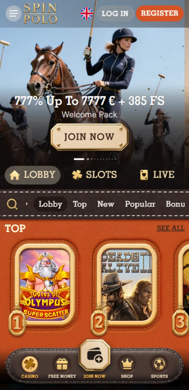 Explore the main homepage interface of the Spinpolo sports betting and casino platform.