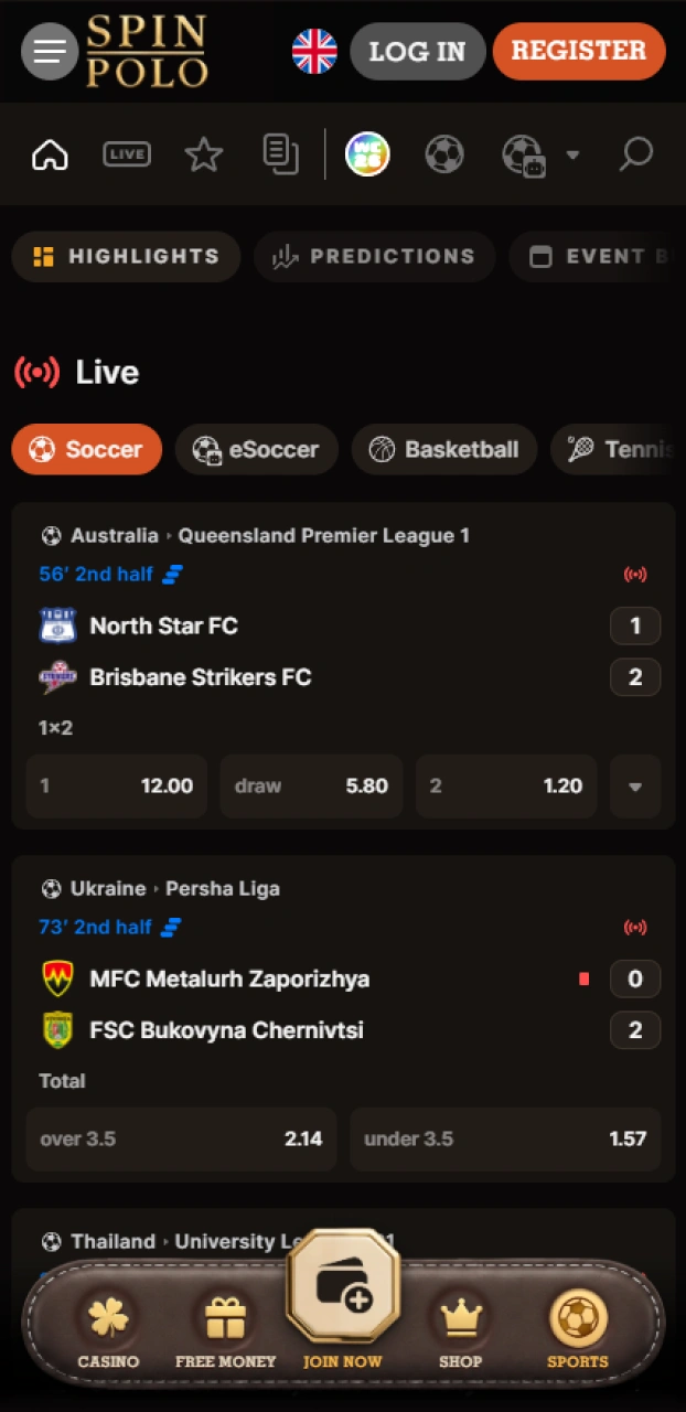 Review the comprehensive sports pre-match line and betting options on Spinpolo.