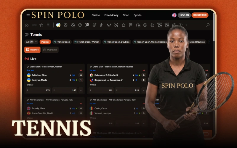 Follow professional Tennis tournaments and make successful bets on Spinpolo.